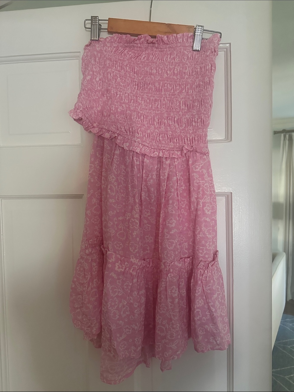 Girls' Pink Smocked Strapless Floral Casual Dress